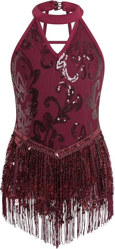 Girls Sparkly Sequin Tassel Fringe Bodysuit Dance Leotard Strappy Back Halter V-Neck Latin Jazz Hip Hop Dancewear