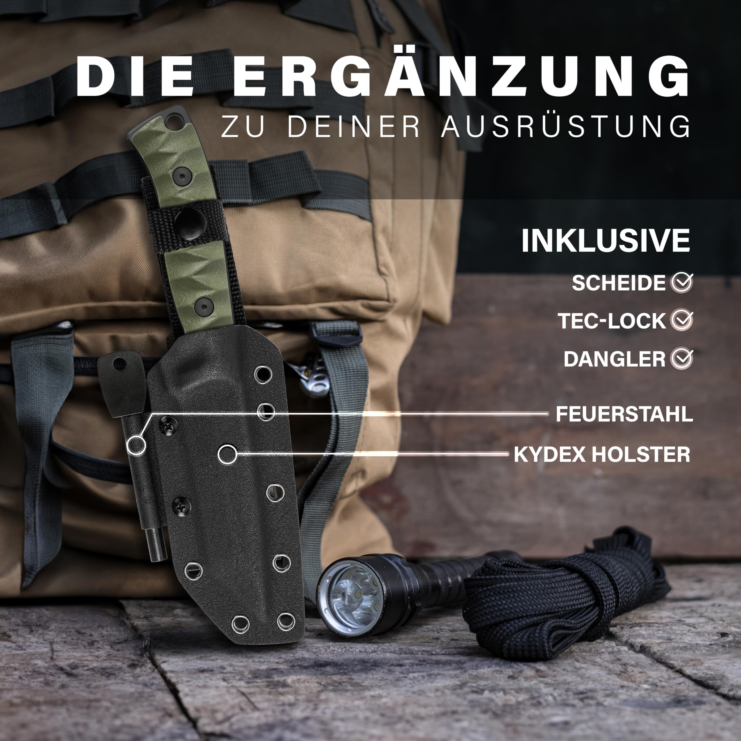 GREIFS® Outdoor-Messer Tanto aus D2 Stahl mit Kydex Holster und Feuerstahl, edles Survival Messer für die Bushcraft Ausrüstung, Jagdmesser, Schnitzmesser, Fahrtenmesser (RangerTanto/Schwarz-Grün)