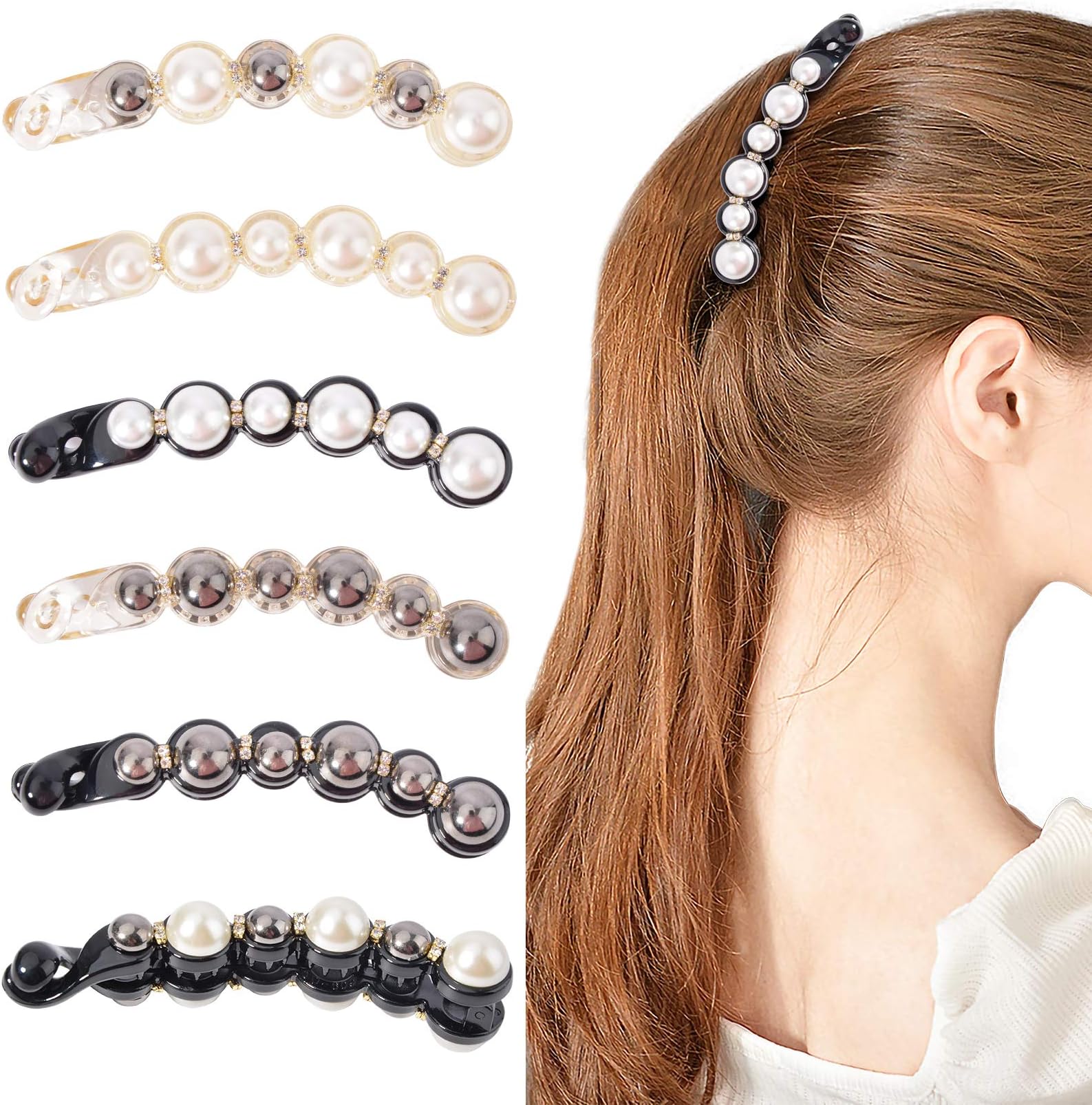 DEEKA Pearl Hair Accessories Set (6 PCS) - Ponytail Holders, Barrettes with Rhinestones, Clips for Thick and Fine Hair in Women and Girls
