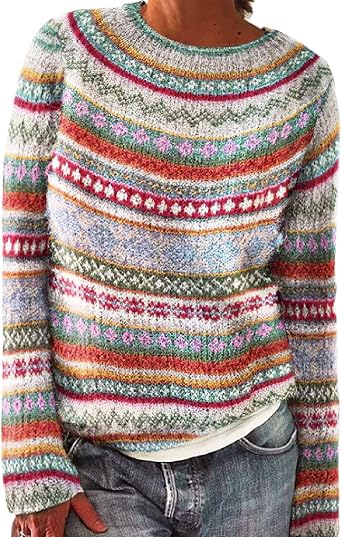 Nordic Sweaters for Women Vintage Ribbed Knit Fair Isle Sweater Plus Size Cute Boat Neck Boho Pullover Tops 2025