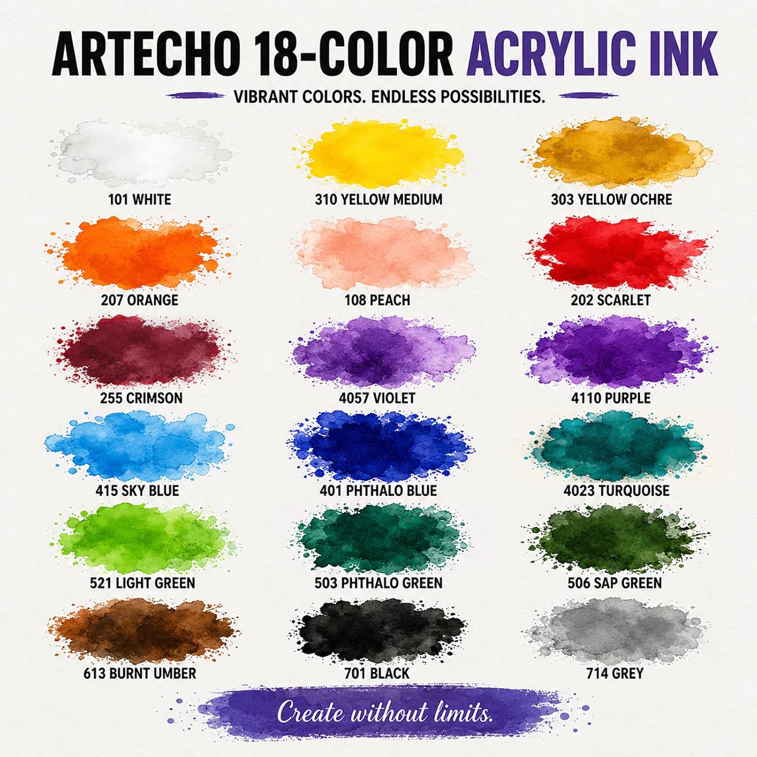 Artecho Acrylic Ink Set, 18 Colors, 20ml Dropper Bottles