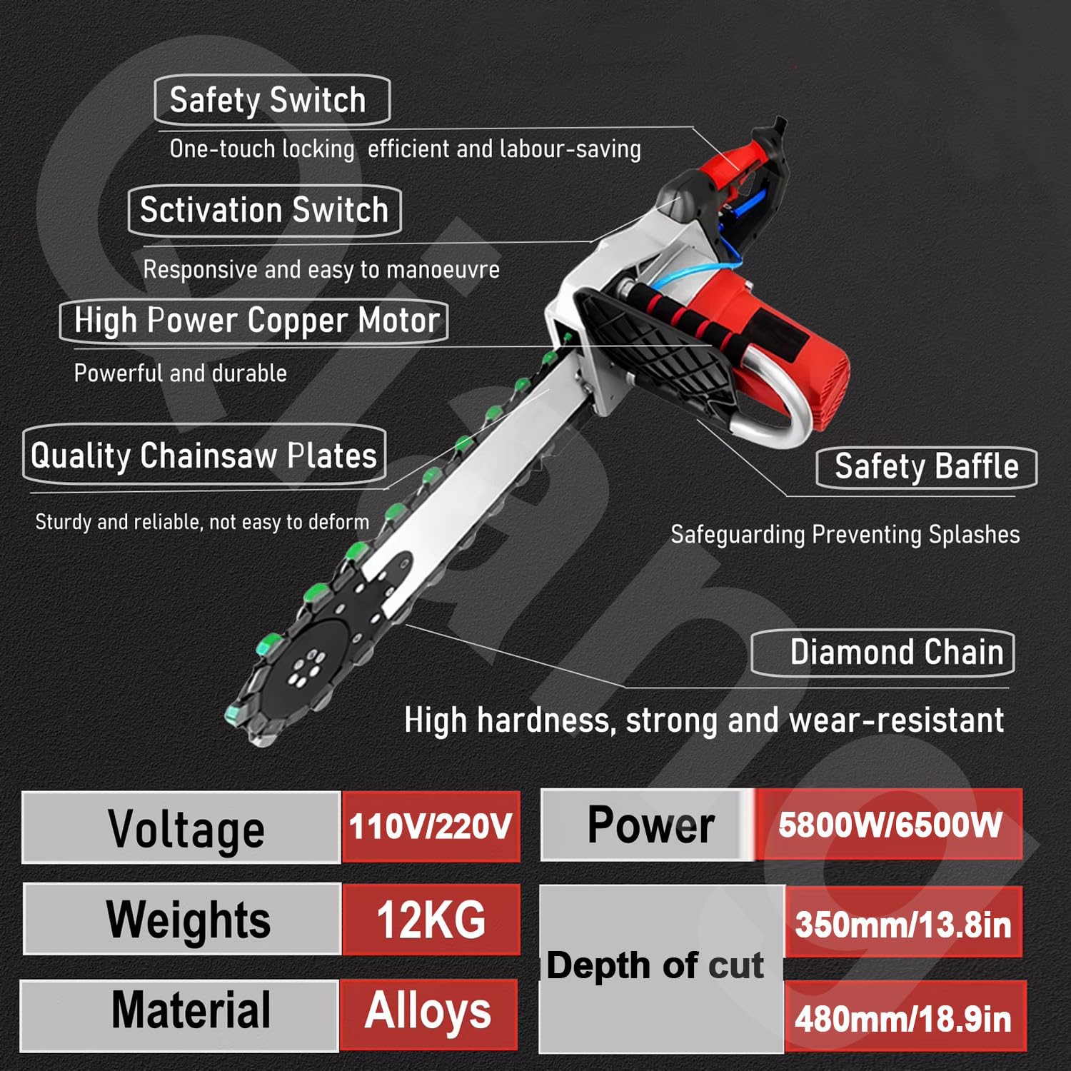 Sierra Eléctrica Para Hormigón 5800w/6500w Cortador De Hormigón,Ranuradora De Muros Con 2 Cadenas Y 2 Cuchilla,Para Piedra Y Ladrillo Y Pared,DepthofCut480mm