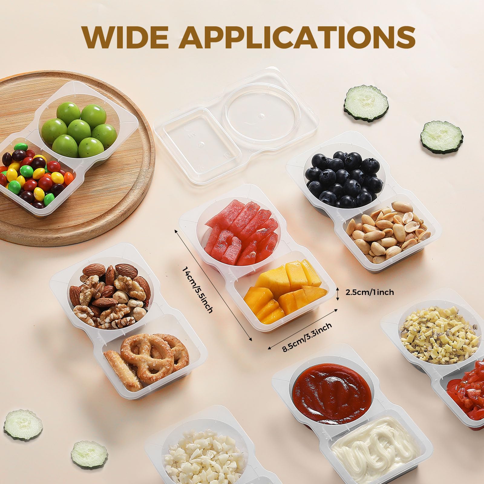 Gewürzbehälter mit 2 Fächern und Deckel, 2 Fächer, kleine wiederverwendbare Snackbox-Behälter, 142 ml, unterteiltes Snack-Tablett für Mahlzeiten, Saucen, Salat, Reisen, 50 Stück