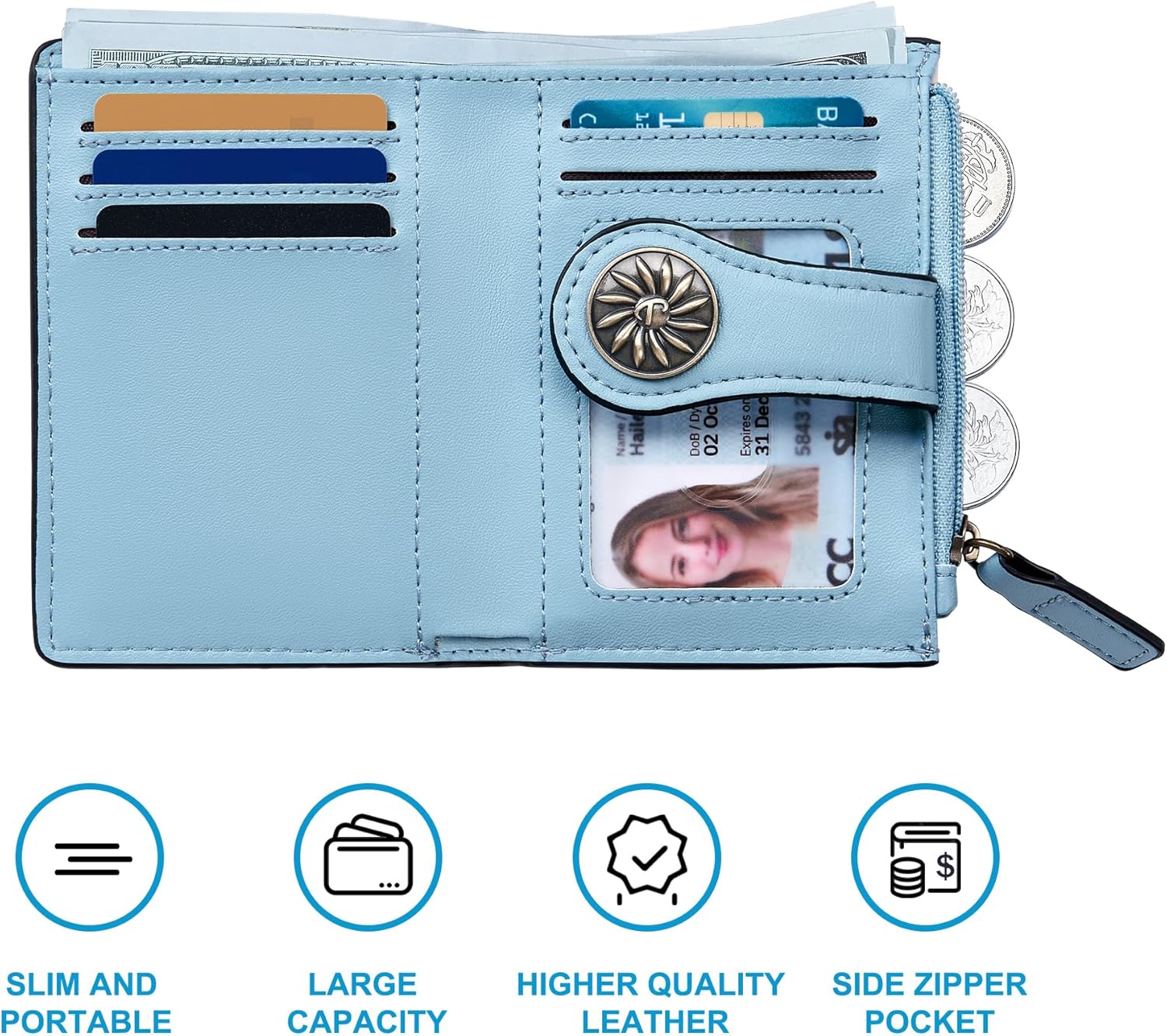 Small Wallet Women Coin Pocket Bifold RFID Blocking Card Holder Leather Wallets with Zipper - Image 4