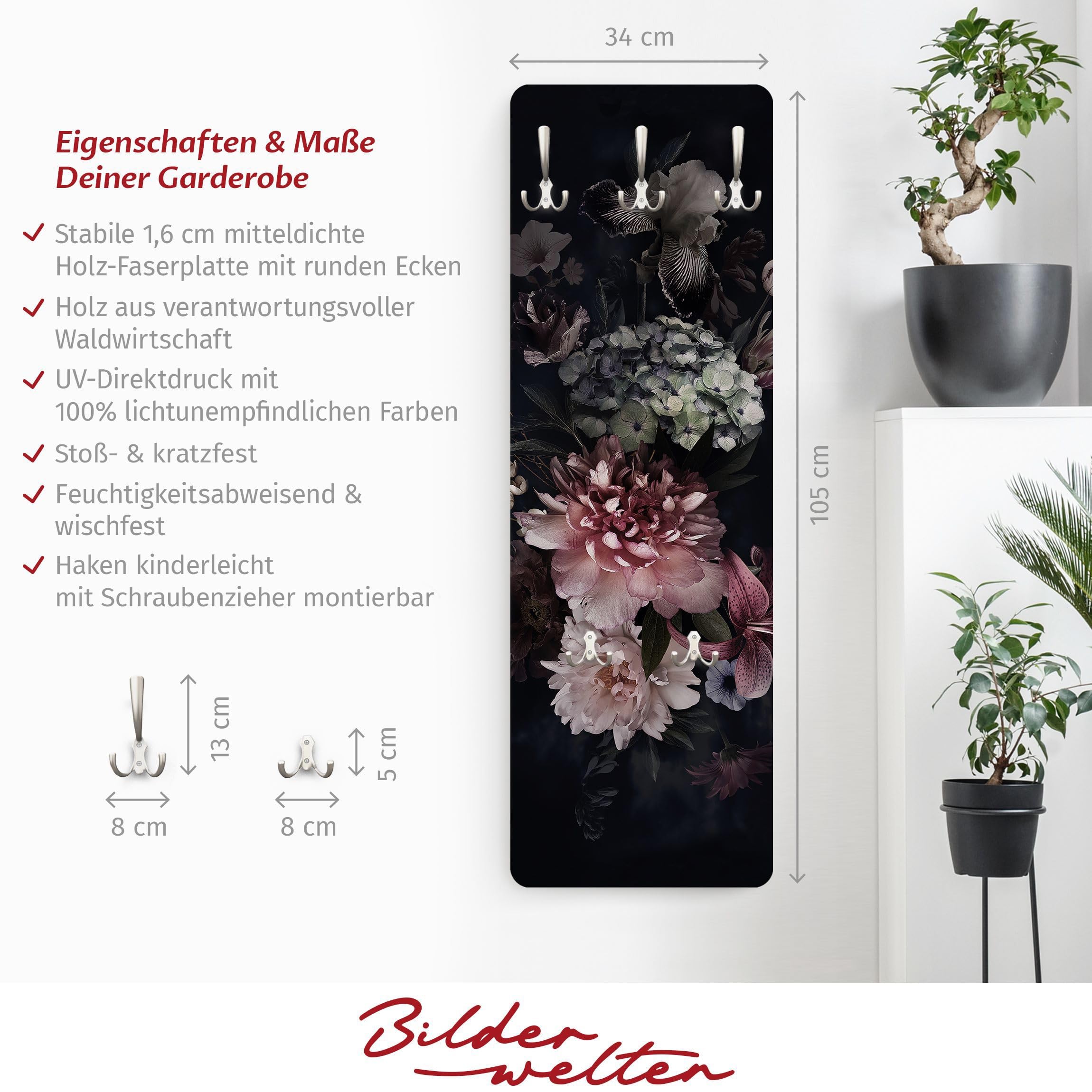 Bilderwelten Garderobe Blumen 105cm x 34cm 3D-Optik Modern Natur Garderobenhaken Garderobenpaneel Flurgarderobe Flur-Möbel Wandgarderobe Holz Küche