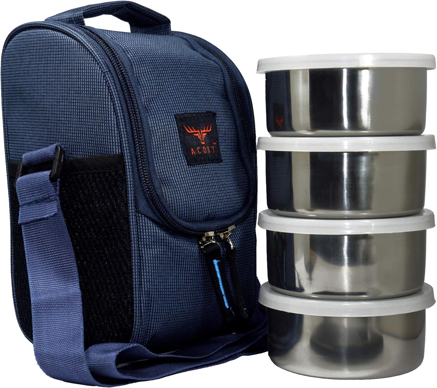 Acort Executive Lunch Box Set, 4 - Pieces, (Each 300ml) - with Navy Blue Tiffin Box Bag