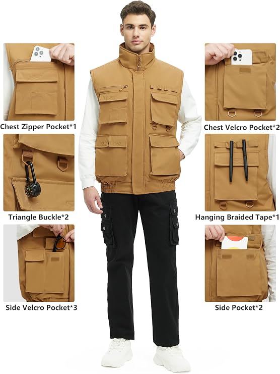 Mens Vest Men's Winter Vest Outerwear with Pockets Fleece Lined Water-Resistant