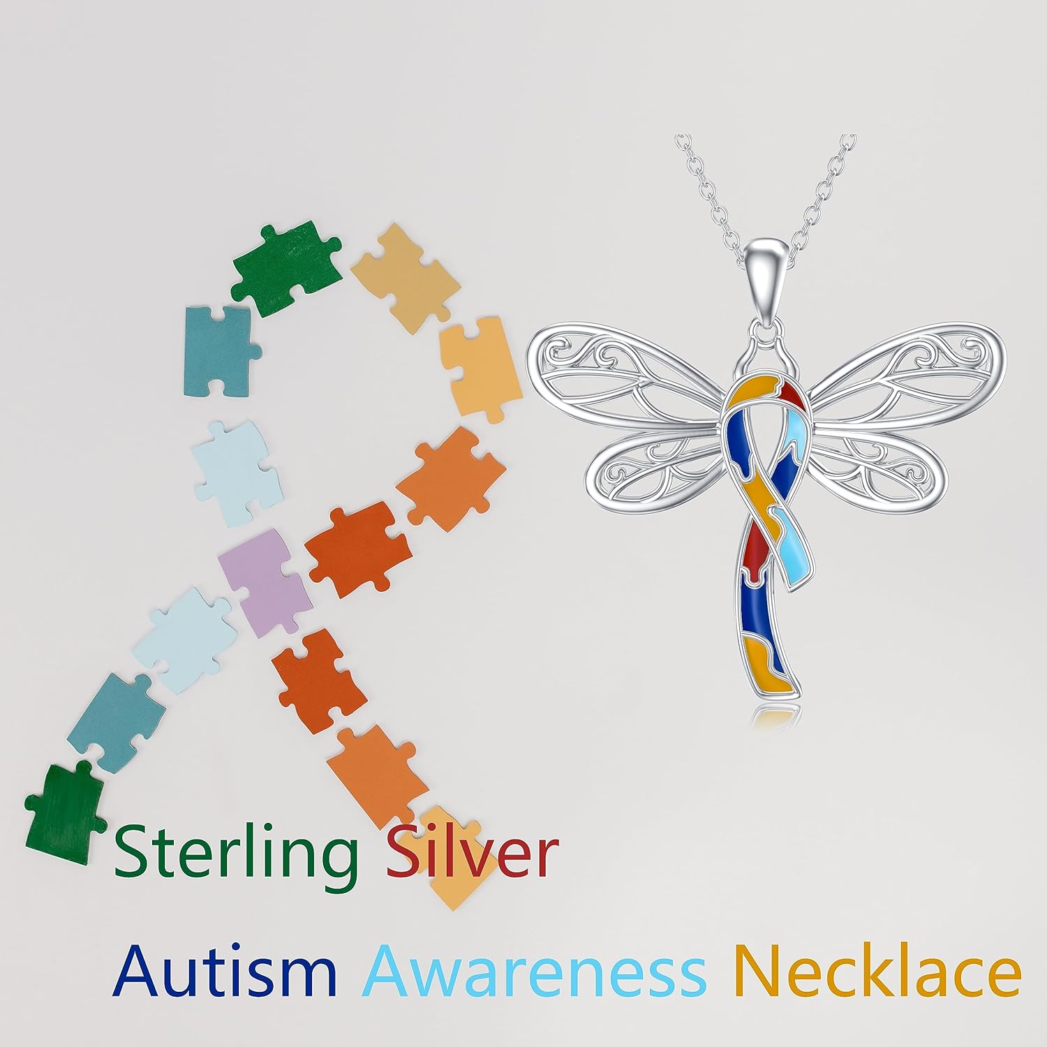 AOBOCO 925 Sterling Silver Butterfly/Dragonfly/Angel Wing/Cross Autism Awareness Necklace Autistic Colorful Puzzle Piece Necklace Autism Awareness Jewelry Gifts - Image 6