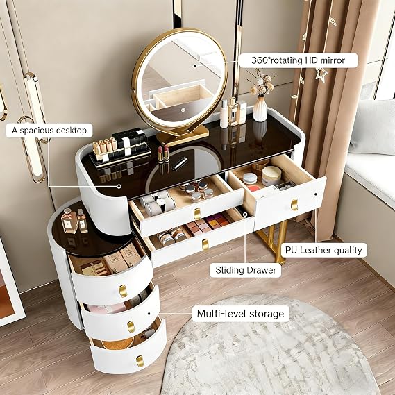 Dressing Table Set with Mirror and Chair, High Gloss Tempered Top, 6 Drawers and Side Cabinet – Luxury Makeup Vanity for Bedroom, PU Leather Texture,WhiteGold 39.4in
