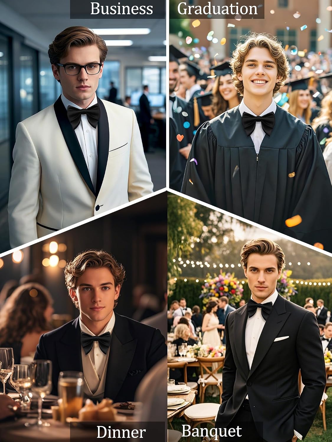 Mantieqingway Black Bow Ties for Men Clip on Oversize Bow Tie Pre Tied Adjustable for Wedding Graduation Dinner