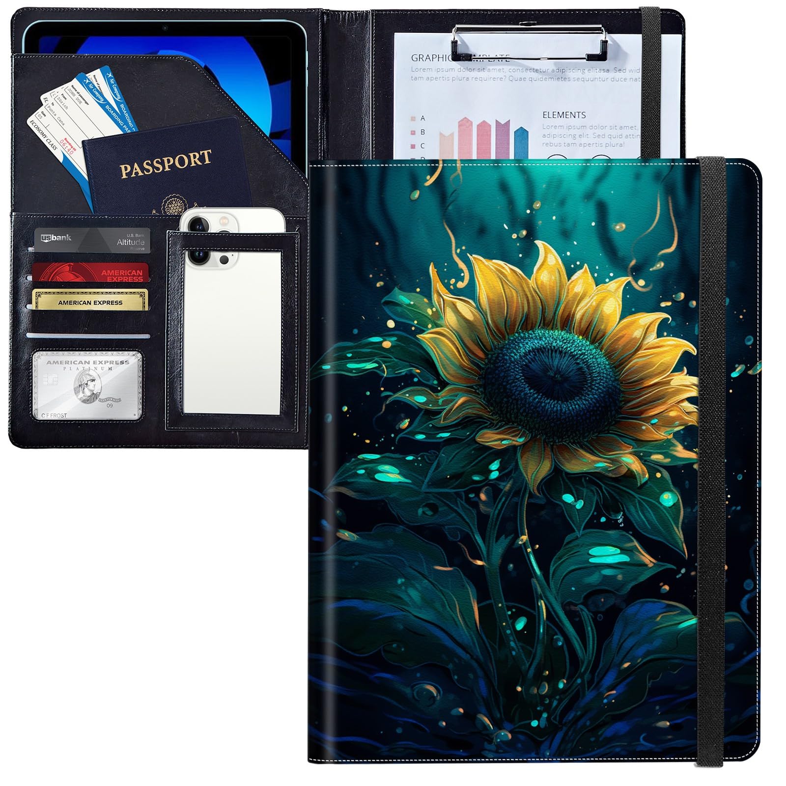 JANENFNA Sunflower B Padfolio Portfolio Leather Binder, Resume Portfolio Folder with Elastic Band, Conference/Legal Document Organizer with A4 Size Clipboard, 4 Card Holder