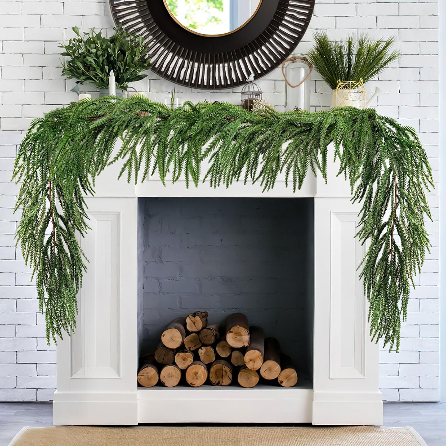 9ft Spring Real Touch Norfolk Pine Garland Table Garland, Artificial Faux Greenery Garlands for Mantle Indoor Home Decor Xmas Holiday Seasonal
