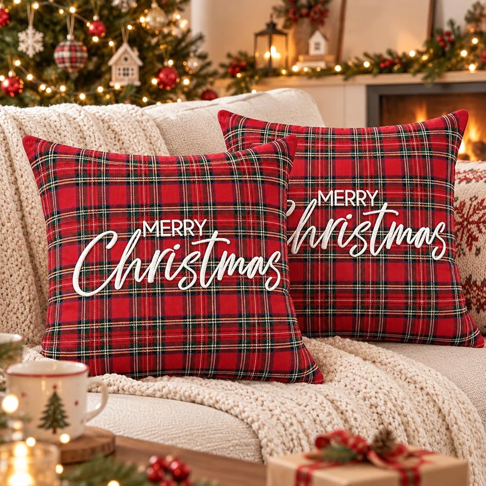 2 Pack Red Tartan Plaid Christmas Pillow Covers 18 x 18in — 사진 1