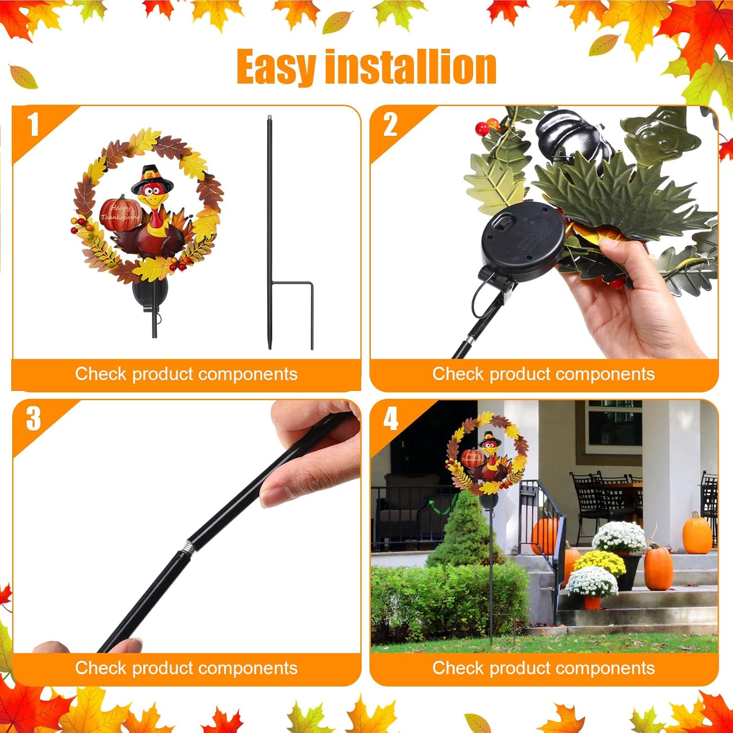 Capoda 2 Pcs Thanksgiving Outdoor Decorations Solar Turkey Yard Stakes Fall Turkey Lights Decorations 42.5 Inch Welcome Thanksgiving Pumpkin Yard Signs for Garden Lawn Pathway Autumn