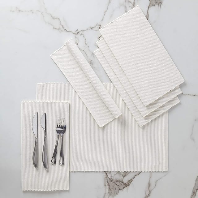 Encasa Homes Dining Placemats (Set of 6 pcs) made from Fine Ribbed Cotton - Perfect Size 48x33 cm, Smart Modern Colours & Designs, Use at Home, Cafes, Restaurants & Hotels - Solid Off White