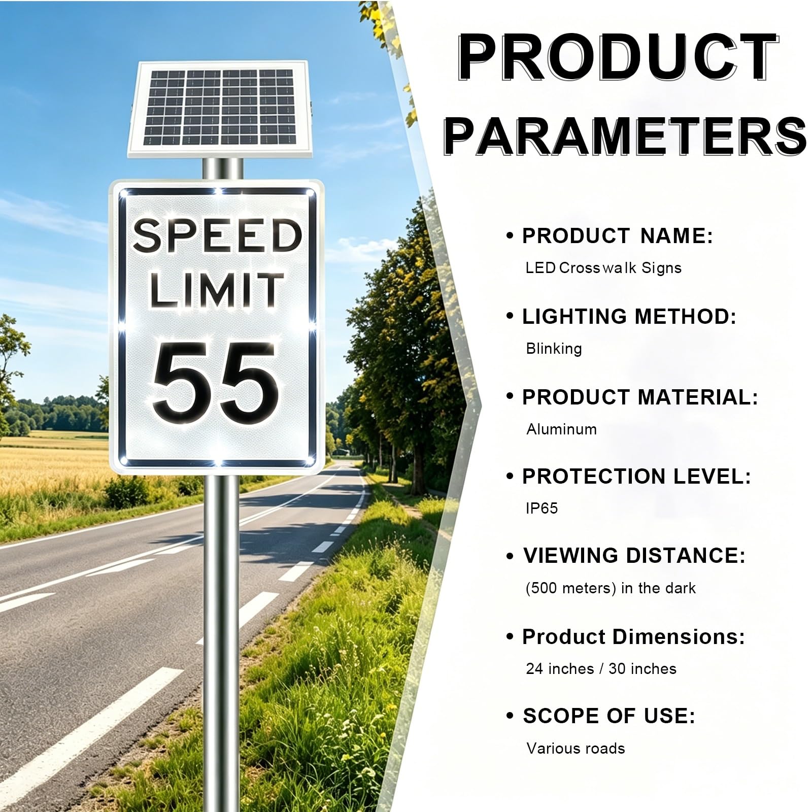 Límite de Velocidad Intermitente LED con Aluminio, Señal de Límite de Velocidad Solar, Marco ce Metal Resistente, Aplicable Dentro del Recinto de Fábrica