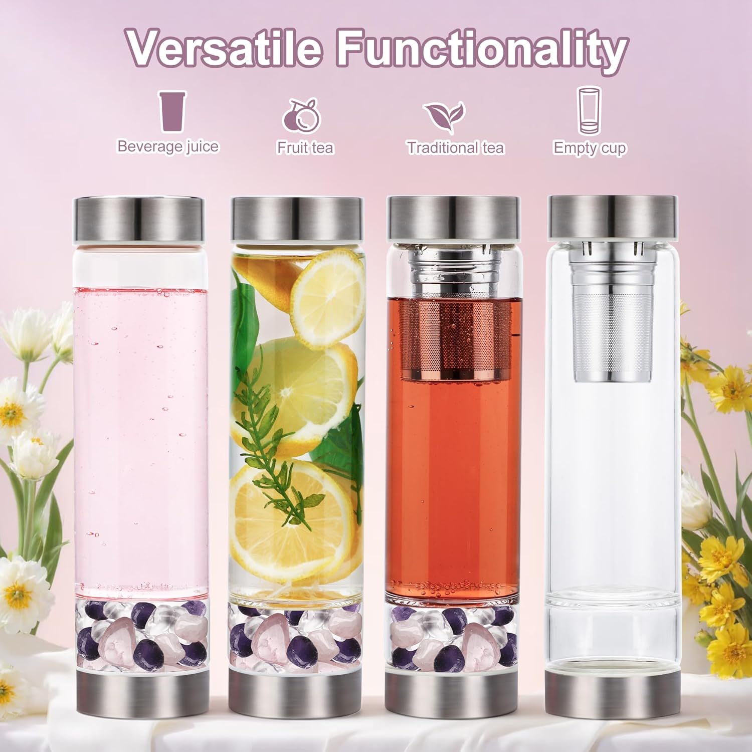 500ml Crystal Water Bottle with Removable Strainer - Includes Amethyst & Rose Quartz Stones, for Tea Lovers