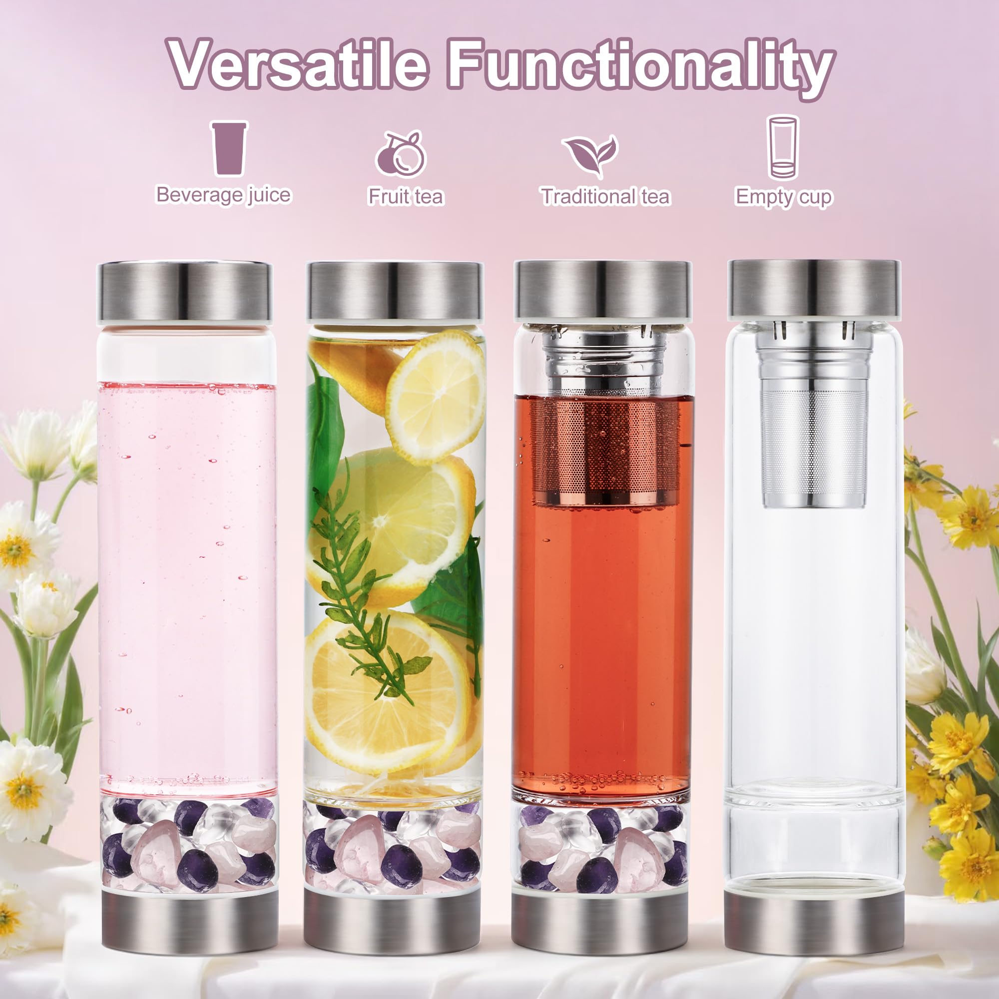 500 ml Kristall-Wasserflasche, auslaufsicher, herausnehmbares Sieb | Borosilikatglas, mit Amethyst- und Rosenquarz-Steinen, wiederverwendbares Kristall-Teesieb, Geschenkidee für Teeliebhaber