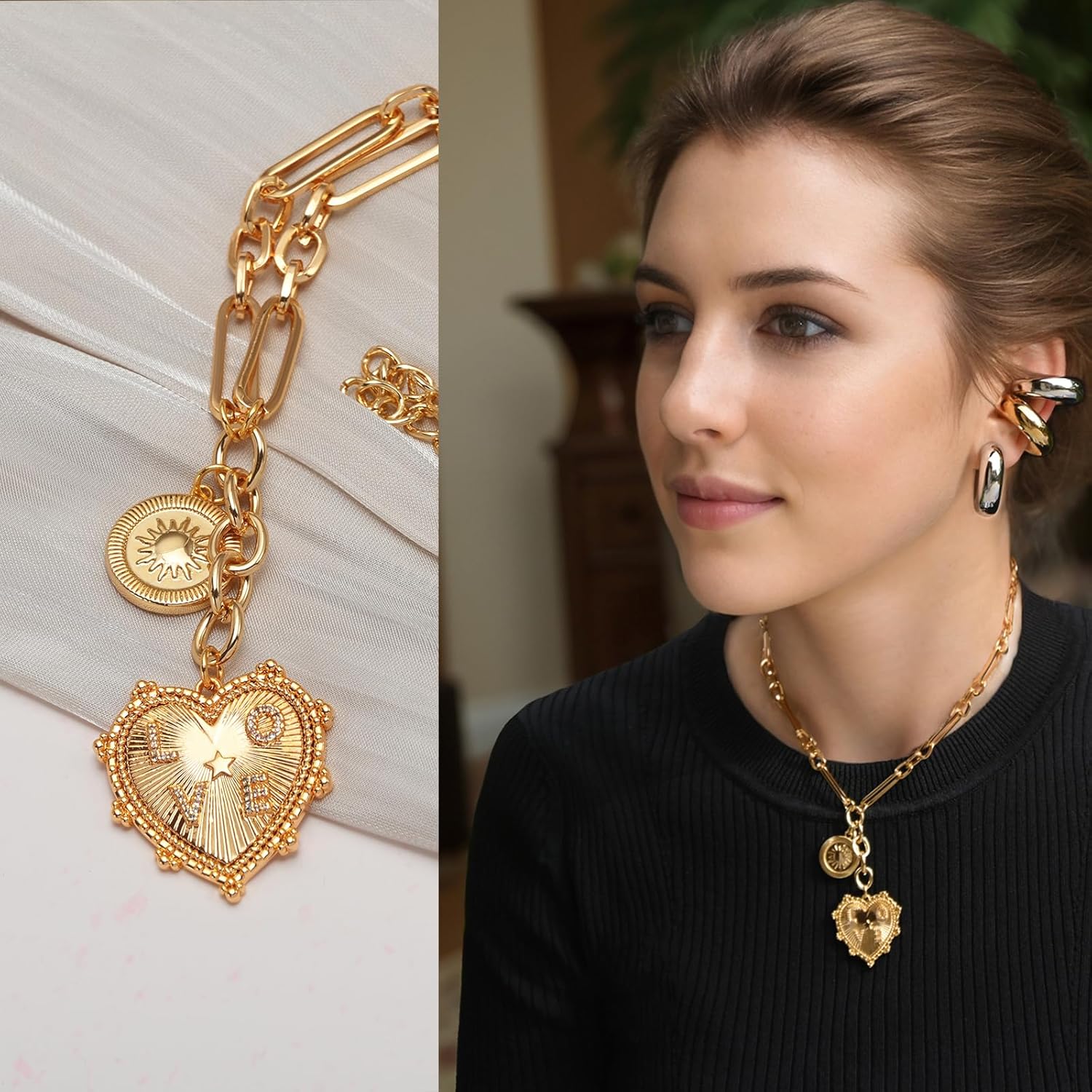 Sun Heart Necklace for Women 18K Gold Plated Heart Pendant Necklace Chunky Chain Choker Necklaces Hip Hop Charm Necklaces Trendy Unisex Jewelry - Image 5