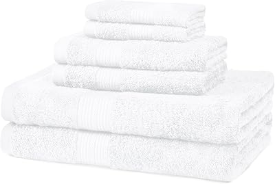 Amazon Basics 6-Piece Fade Resistant Bath towel, Hand and Washcloth Set -Cotton, White, 14.25" L x 10.85" W