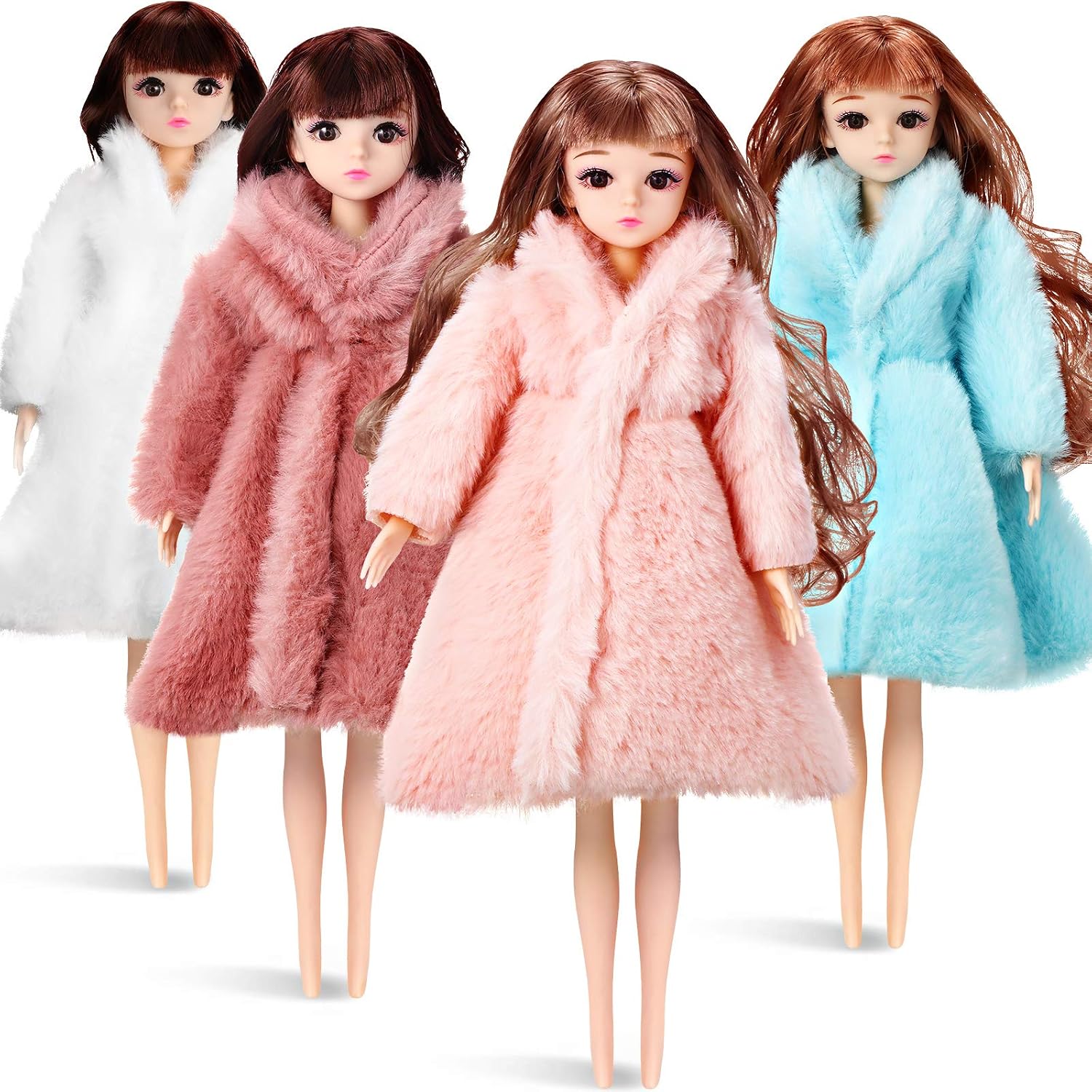 4 Pieces 11.5 Inch Doll Winter Clothes Long Sleeve Soft Faux Fur Coats Flannel Outfit Doll Clothes Doll Accessories Christmas Decorations for 11.5 Inches Dolls (Solid Color Style)