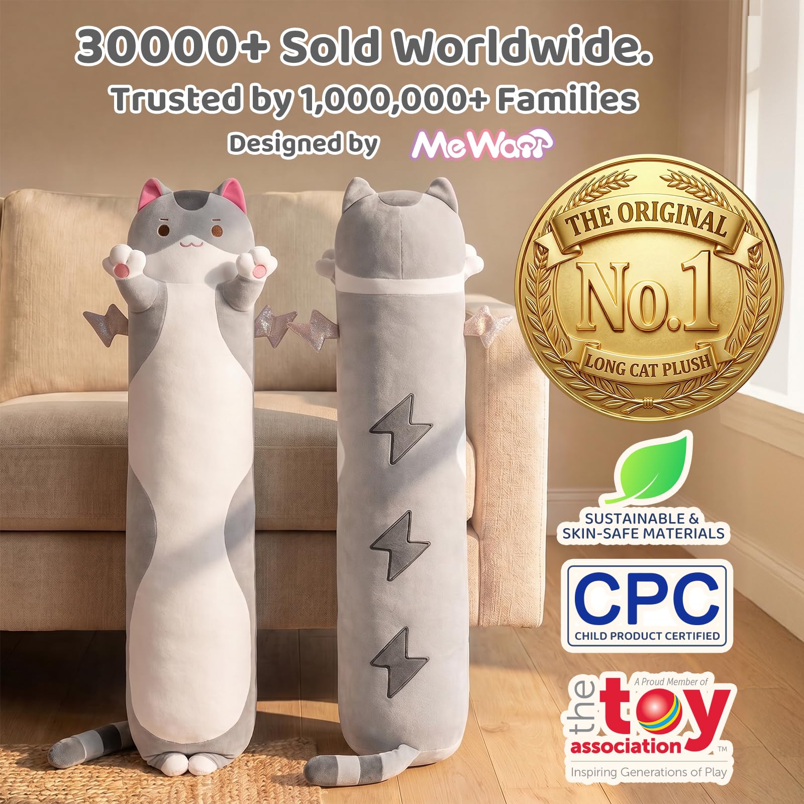 Mewaii Carino Gatto in Peluche Cuscino lungo Cuscino Animale Bambola Giocattoli Kawaii Soffici Comfort Cuscino in Peluche per Regalo per Bambini dai 3 anni in su, 50 cm, Gatto Grigio)