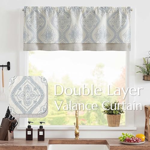 Miniatura 2 de Jinchan - Cenefa de lino de 18 pulgadas con medallón bordado damascado para cocina, cortinas pequeñas para ventanas de dos capas, cenefa para sala