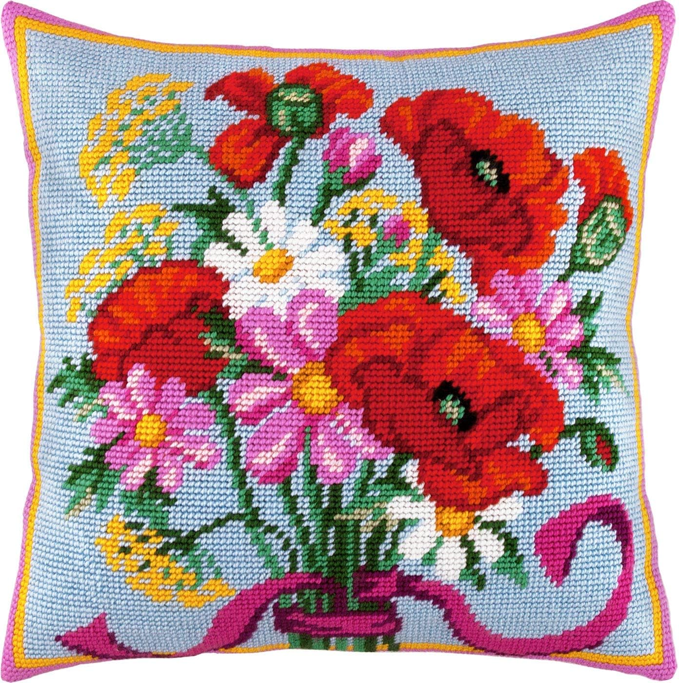 Brvsk Floral Needlepoint Kit for Adults and Beginners — Bouquet 16″ × 16″ with Clear, Precise Printed Design on Cotton Canvas; Includes 2 Needles, Yarn, and Easy-Read Chart