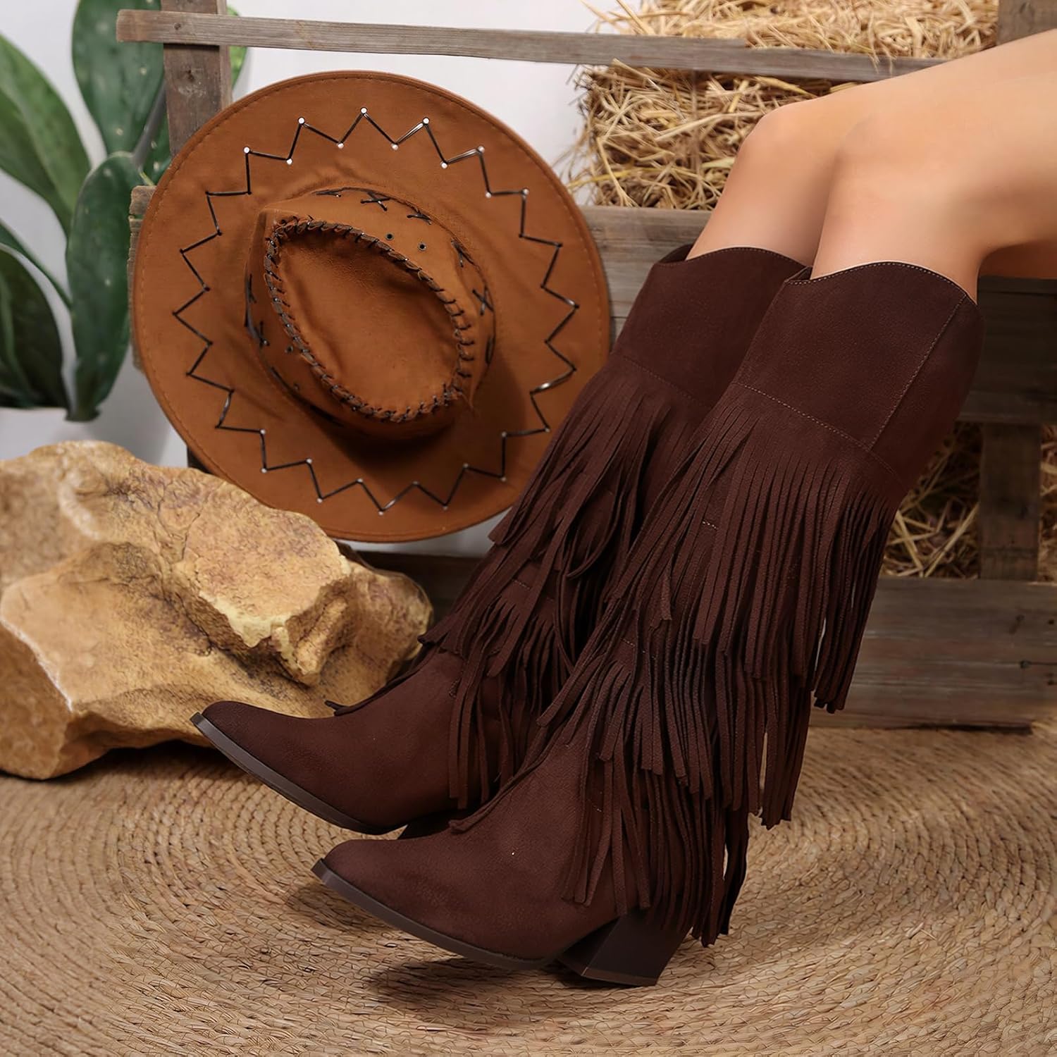 Cowgirl Boots for Women Retro Pointed Toe Pull On Block Chunky Heel Fringe Country Concert Outfits Knee High Western Suede and Faux Leather Cowboy Boots - Image 5