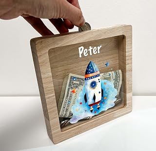 Personalized Money Box Name Savings Piggy Bank Rocket Ship Space Design Custom Crafted Keepsake Wooden Coin Bank for Girls, Kids, Nursery Room Decor Gift - Teach Savings in Style! Made in America
