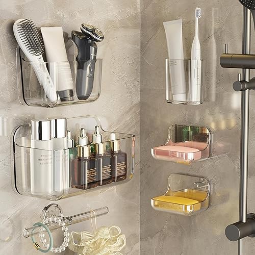 Organizador de ducha acrílico a prueba de óxido con gran capacidad, estantes sin perforaciones para almacenamiento de baño y decoración del hogar