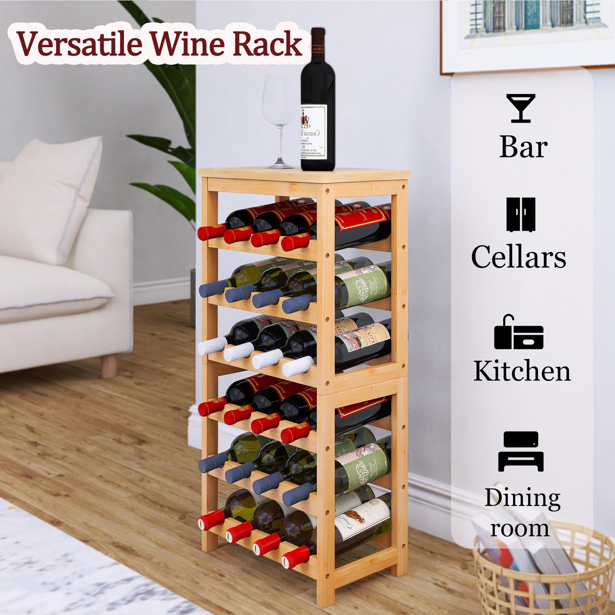 STELLSTAR Etagere Rangement Bouteille De Vin, Design 2 en 1, Stockage Bouteille De Comptoir à 3 Niveaux De 12 Bouteilles, Casier à Vin Autoportant à 6 Niveaux De 24 Bouteilles, Naturel