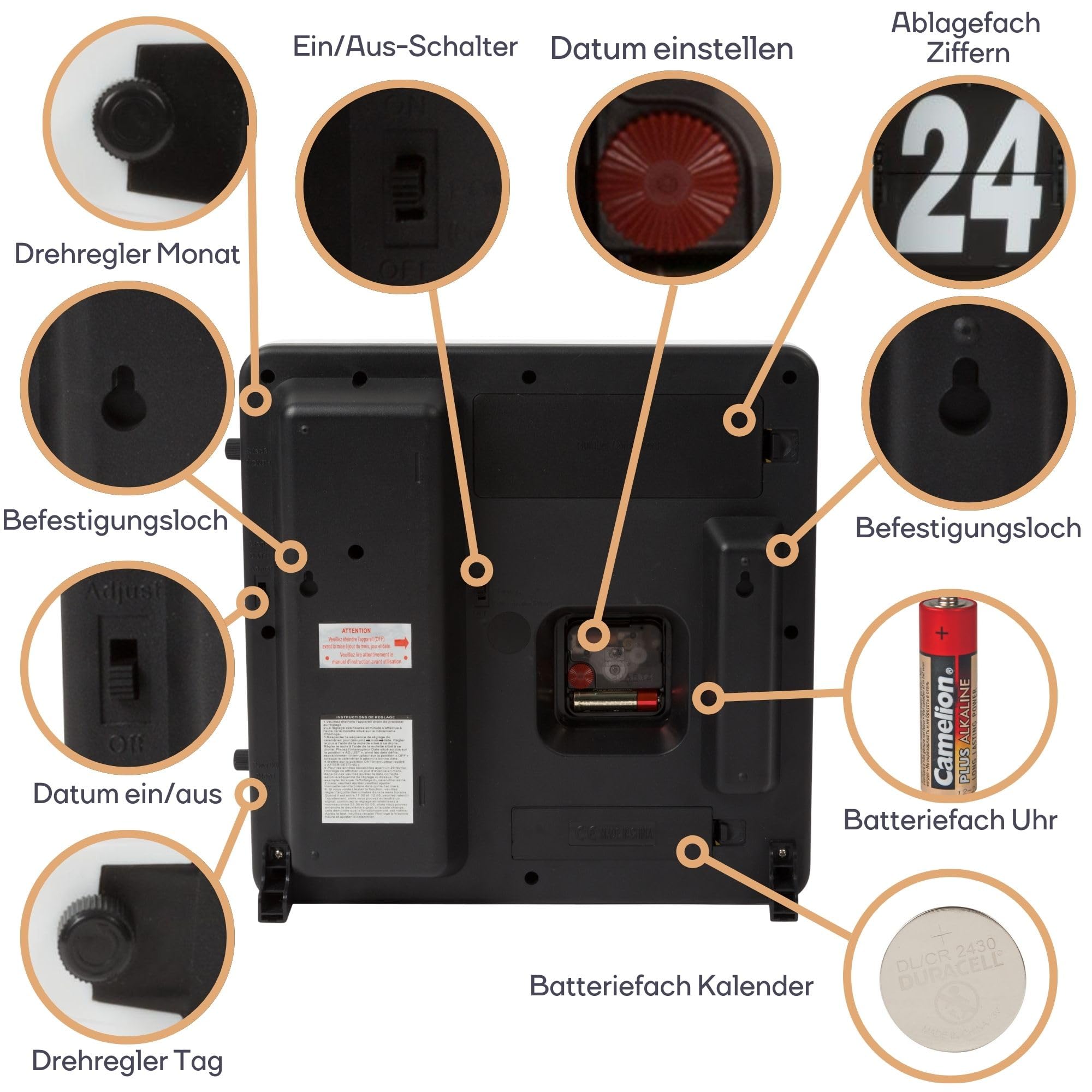 Perel Quadratische Uhr mit Flip-Over-Kalender, ideal für Sehbehinderte und Personen mit Alzheimer oder Demenz, analog, 31 x 31 cm, weiß/schwarz, französische Version