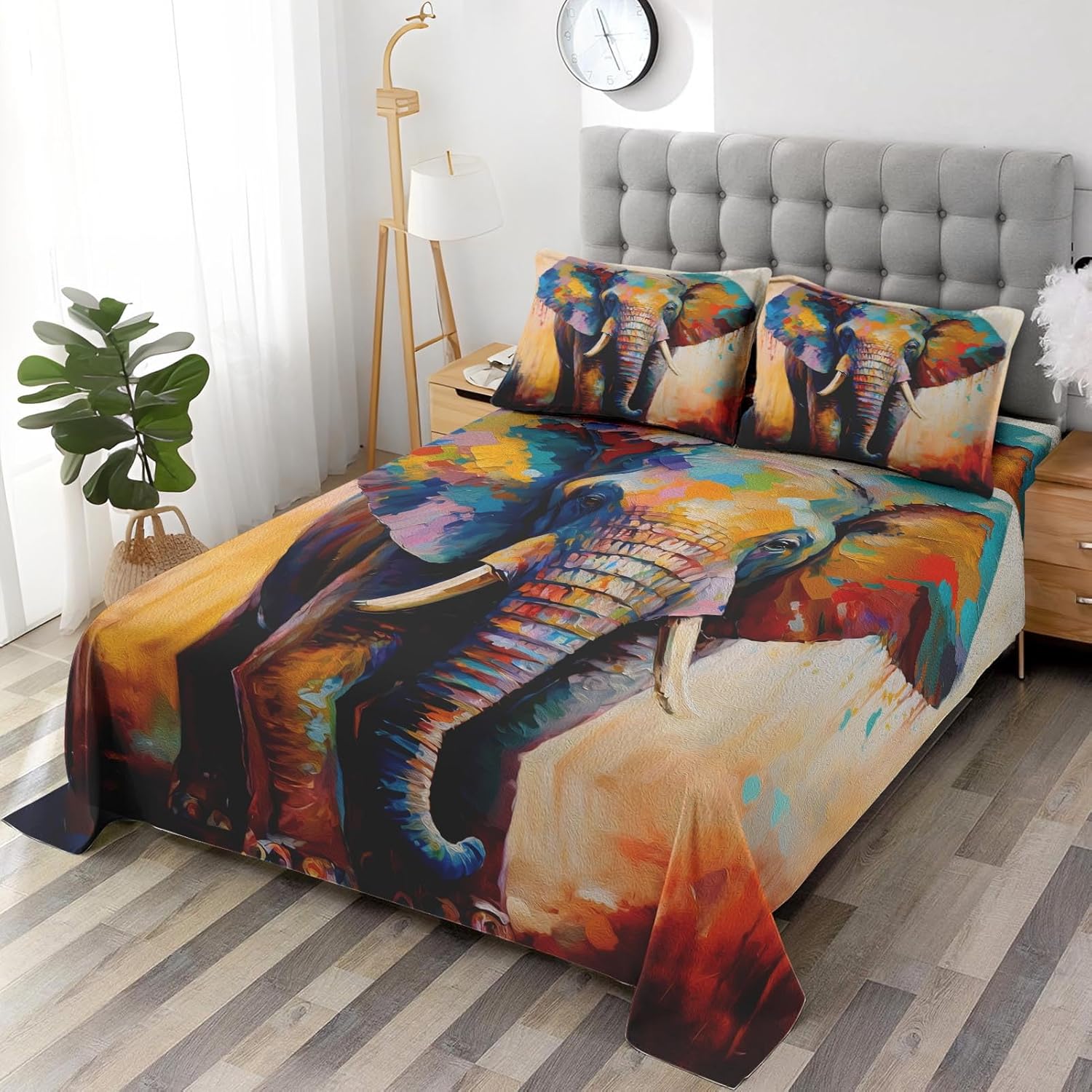 WeCozy Twin Size 3 Pcs Bed Fitted Sheet Set with 14" Deep Pocket, Painting Colorful Elephant Flat Sheet Set for Kids and Adults, Wildlife Animal Bedding with Pillowcase for Bedroom Decor