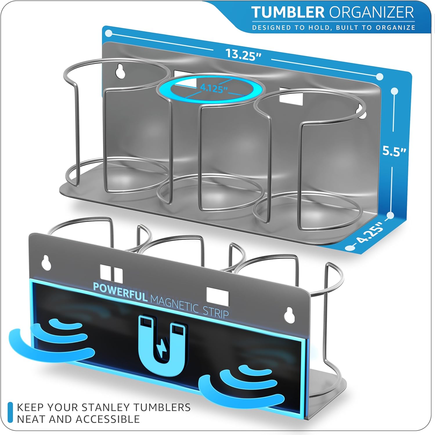 Sorbus Stanley Cup Organizer – 3-Cup Holder for Cabinet, Fridge, or Wall – Magnetic or Screw Mount – Stanley Storage Organizer for 20oz 30oz 40oz Cups, Tumblers, and Water Bottles (Silver 2-Pack) - Image 2