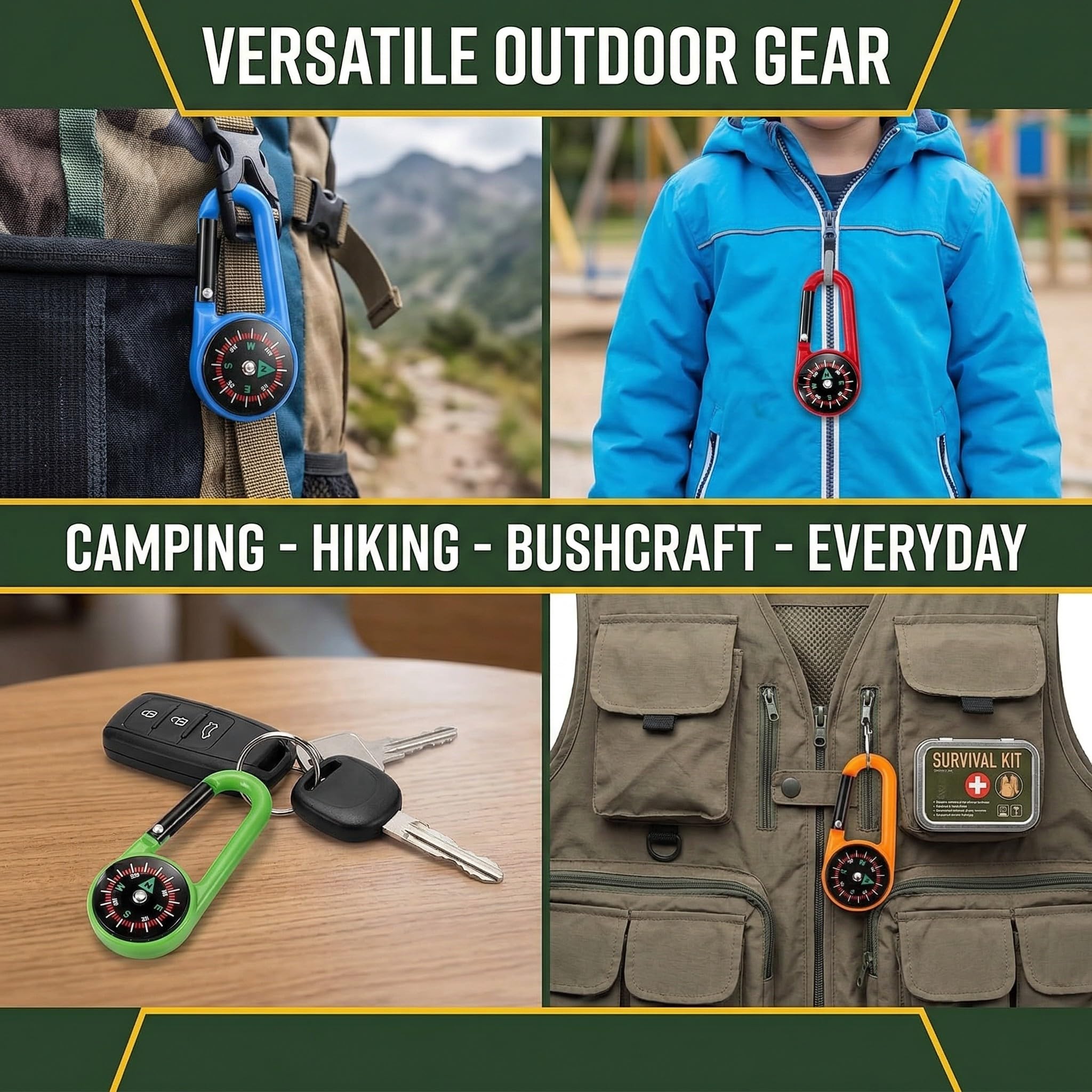5 PCS Bussola Portachiavi per Bambini, Mini Bussola con Moschettone,Campeggio, Ideale per Outdoor, Orientamento e Survival (Cinque Colori)