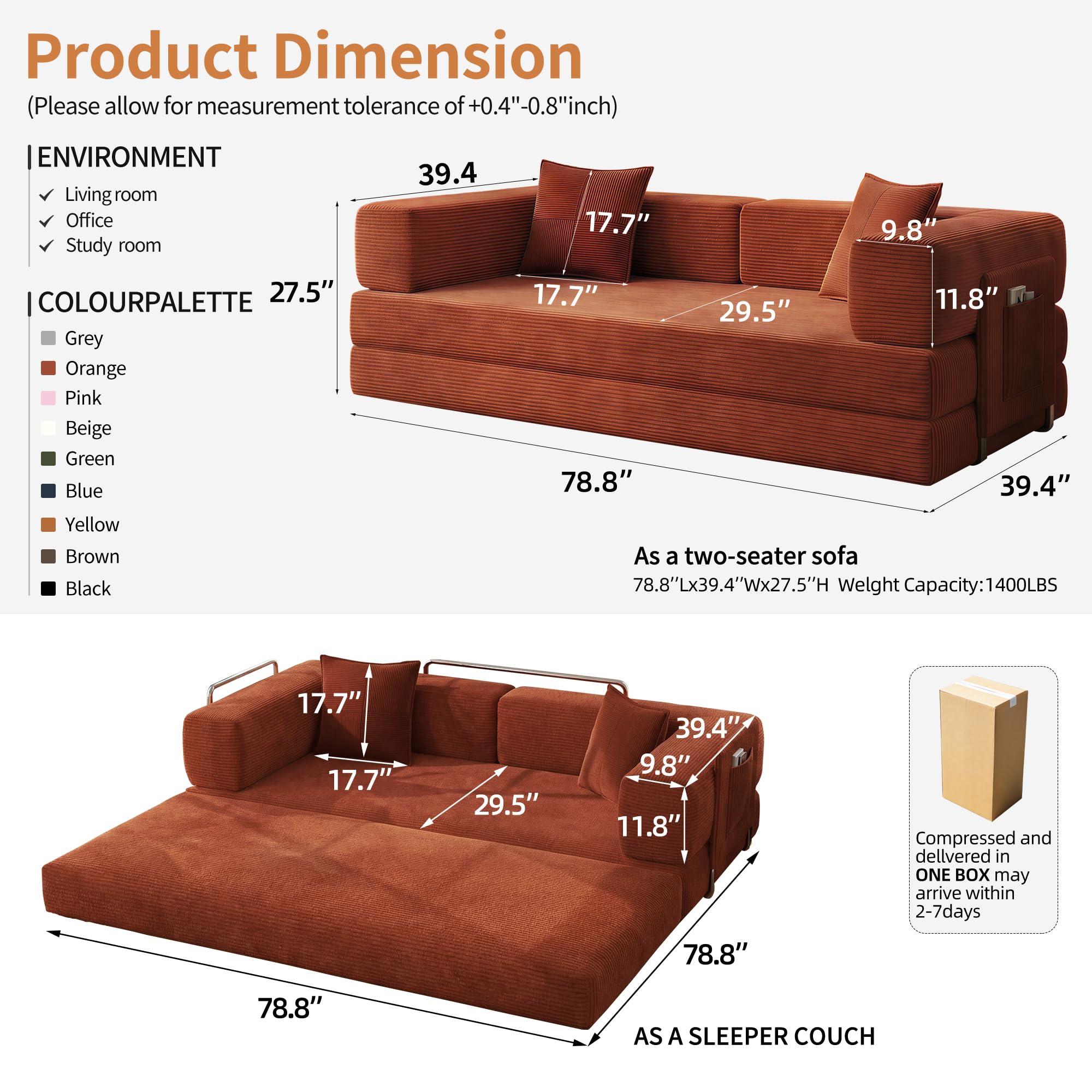 78.8" Boneless Couch for Living Room, Futon Sleeper Sofa Bed | Convertible Sofa Bed, Corduroy Pull Out Couch Loveseat with Storage Pocket, Modular Design, No Assembly, Orange