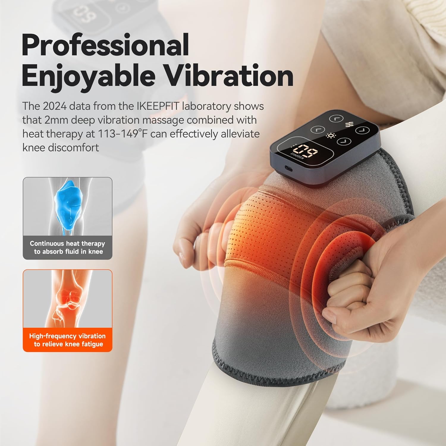 IKEEPFIT Cordless Knee Massager with Heat Vibration for Pain Relief, MAXwarm 4.0[2025 Upgraded] - Electric Heated Knee Brace with 5 Heat Levels and 3 Massage Mode, Gifts for Men Women (V250122b)