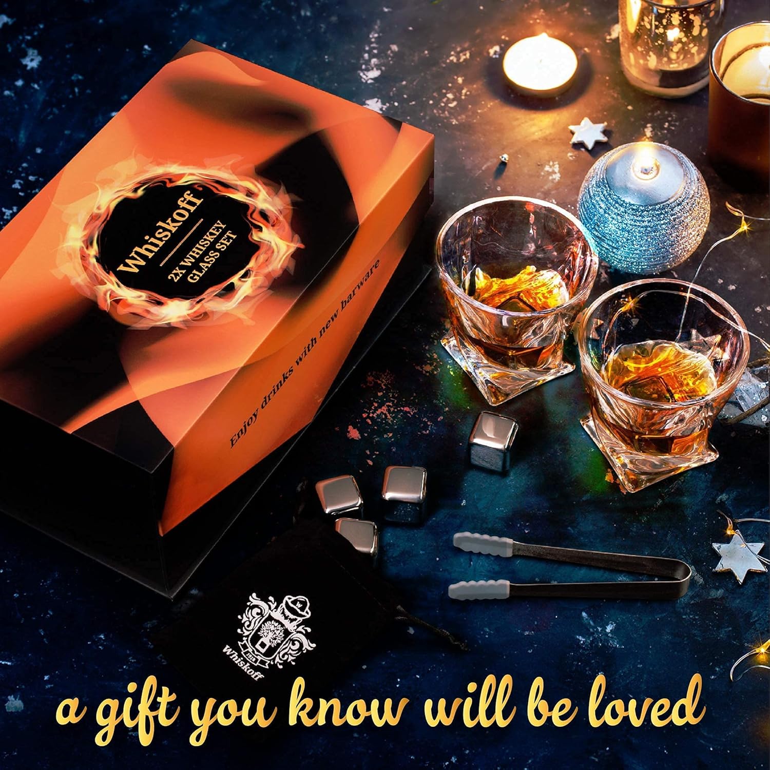 Suреr Chеар 🛒 Whiskey Glasses and Stones Gift Set - Heavy Base Square Rocks Glasses for Scotch Bourbon Drinkers- 6 Stainless Steel Whisky Chilling Stones in Modern Design Gift Box