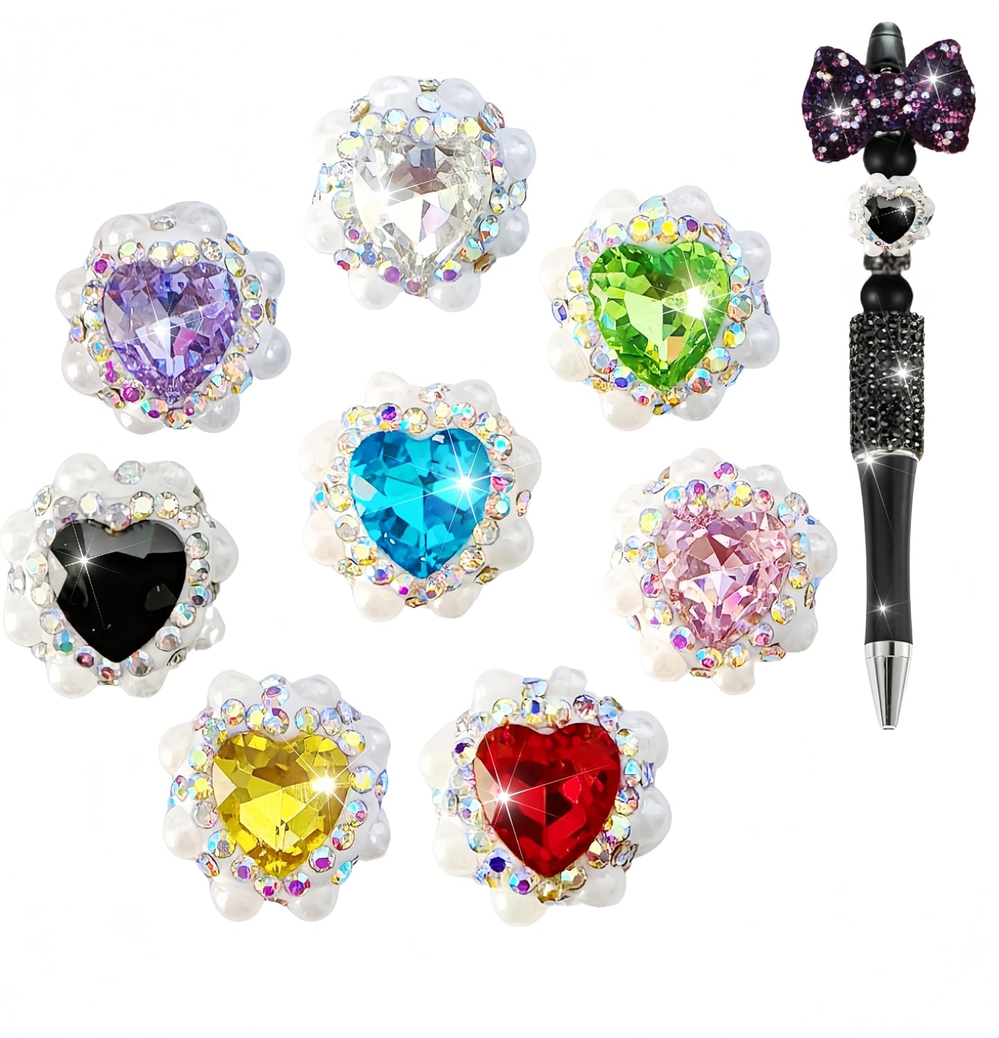 8Pcs Rhinestone Focal Beads for Pens Large Crystal Heart Shaped Diamand Chunky Glitter Beads for Beaded Pens Jewelry Keychain Making
