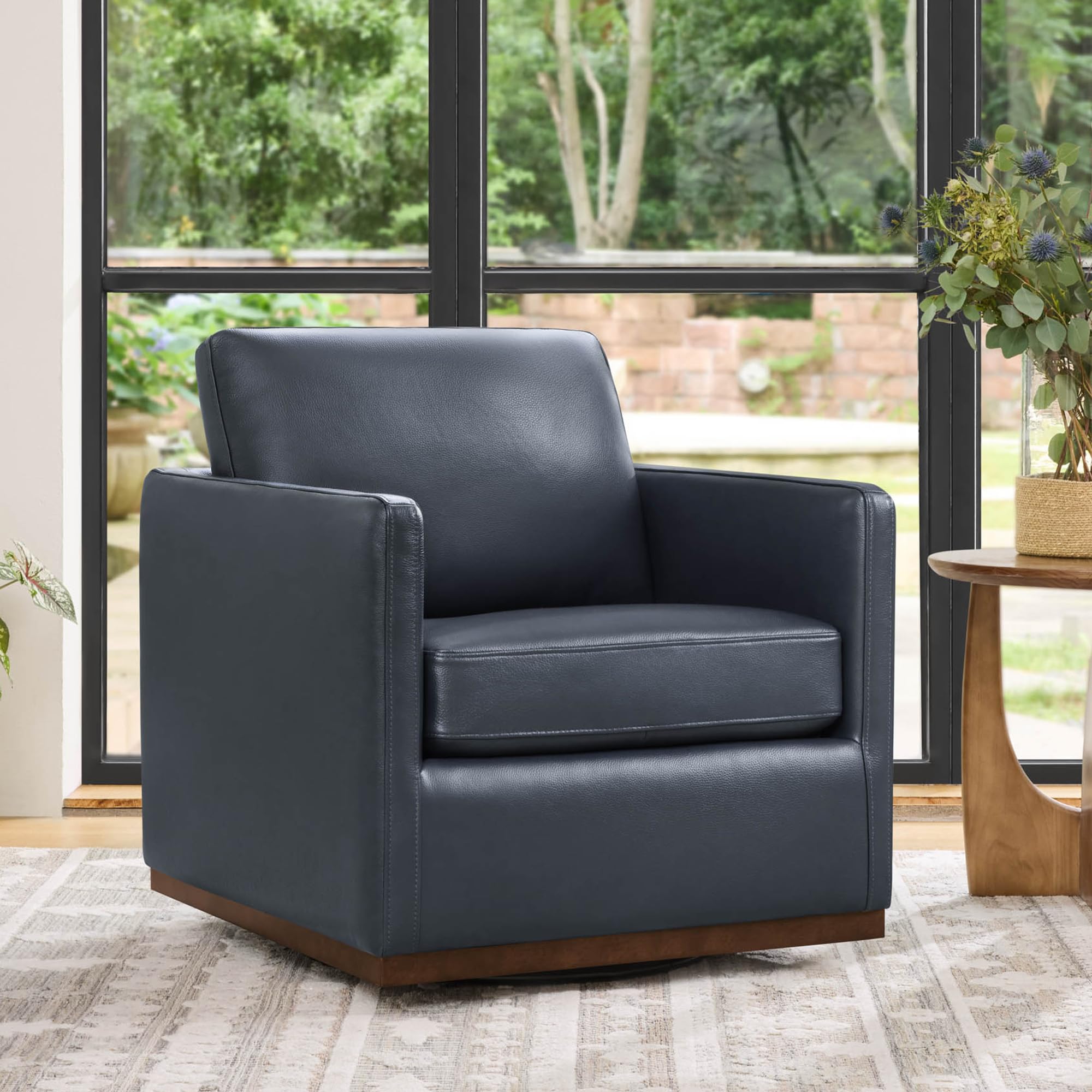 Genuine Leather Swivel Accent Chair, FSC Certified Mid Century Modern Arm Chair for Living Room and Bedroom, Fully Assembled, Navy