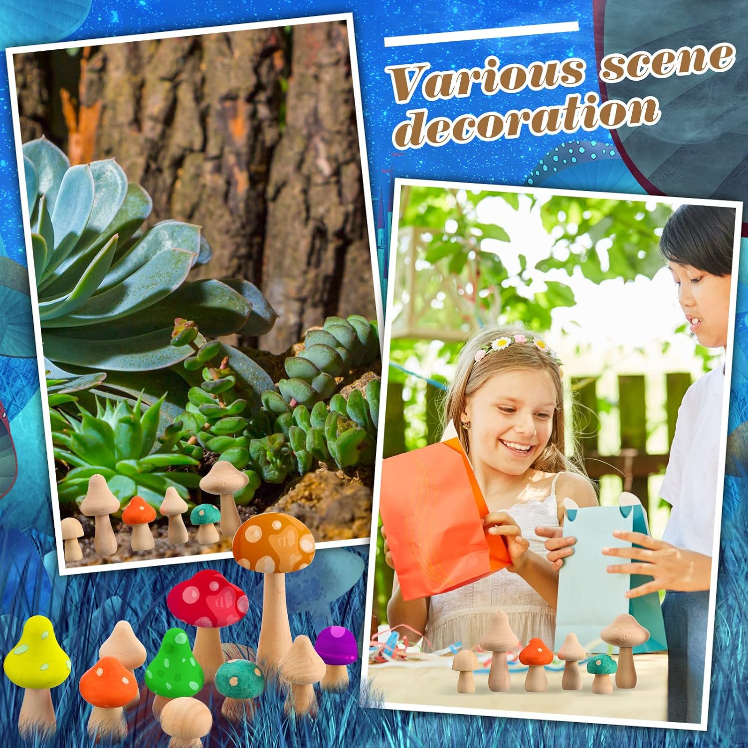 Vicenpal 40 Pcs Unfinished Wooden Mushroom 14 Size Natural Wood Mushrooms for DIY Crafts and Arts Paint Color Ornaments for Christmas Home Desk Bookshelves Decorations Gift