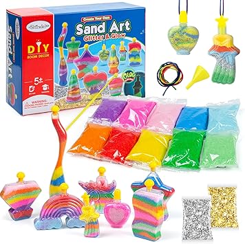 Shindel Sand Art Kits for Kids, 36 PCS Sand Painting for Crafts 8 Shapes of Bottles 10 Assorted Colored and 2 Glitter Sand Bags for Kids DIY Project