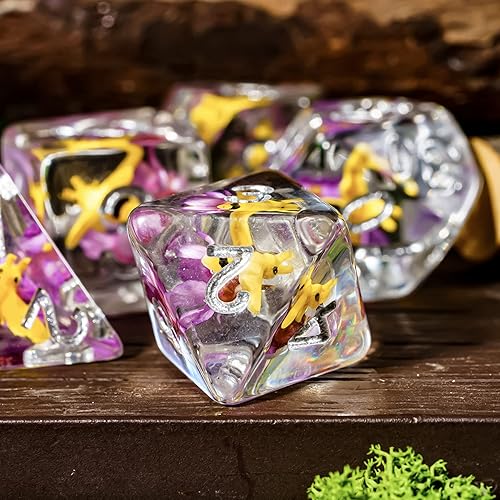 Miniatura 7 de Cusdie 7 dados DND, juego de dados poliédricos rellenos de animales, para juegos de rol D&D (flor púrpura abeja)