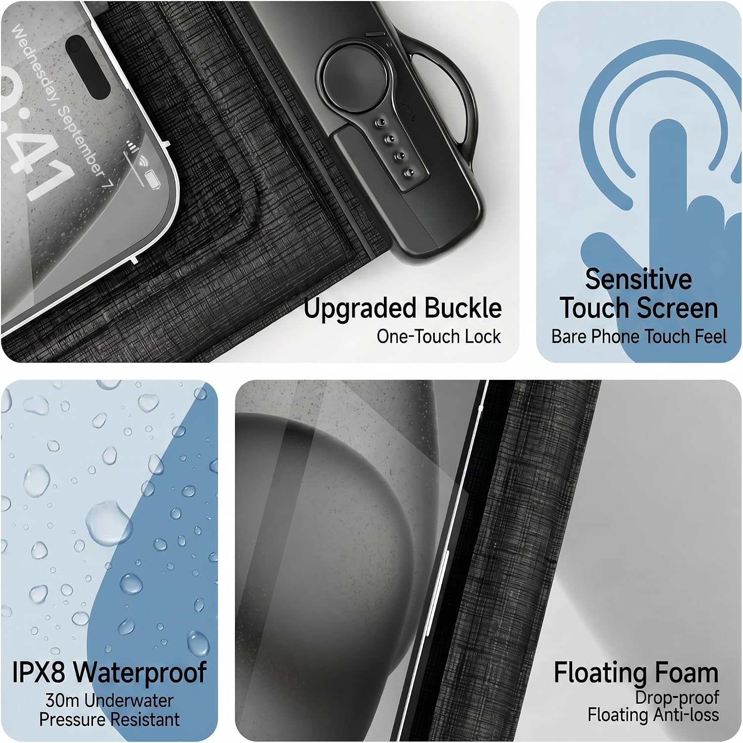 2 Pack IPX8 Floating Waterproof Phone Pouch, Anti-Pop Lock 27.68 Sq in Extra Large Case, Sensitive Touch & Detachable Lanyard, Beach Cruise Essentials for iPhone & Samsung, Black (Black)