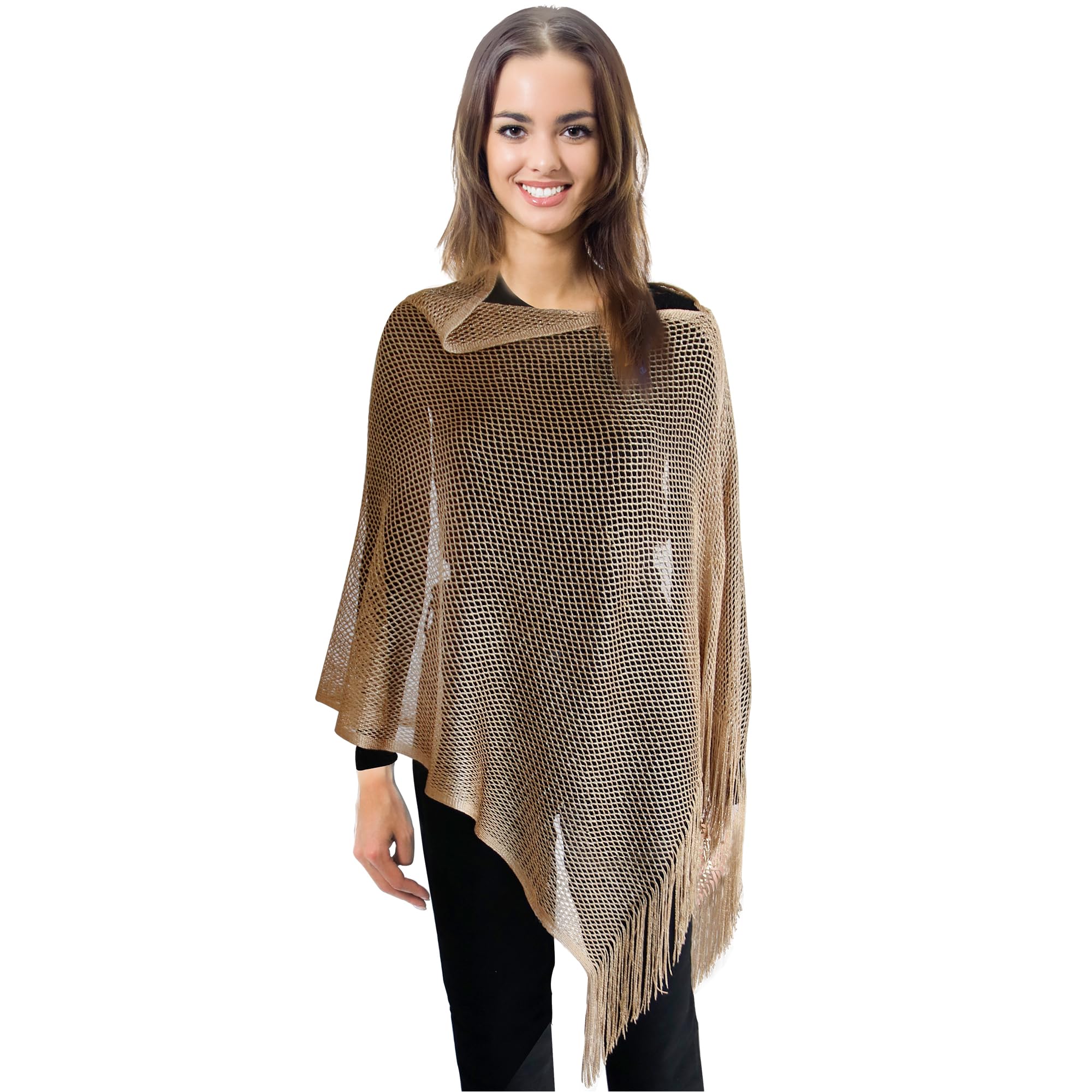 Nicole Miller womens Fashion Scarf and Shawl Wrap for Spring/Summer WinterScarves, Gold Lurex Fringed Poncho, Standard