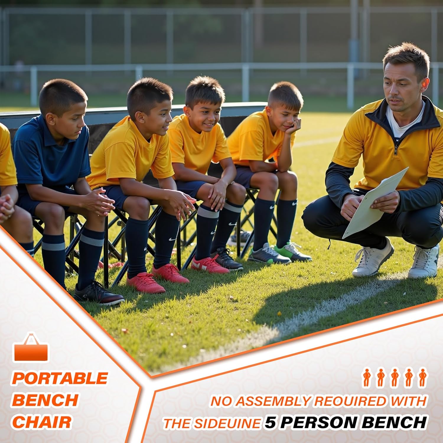 Portable Soccer Bench–5 Seat Folding Team Chair with 7 Individual Storage Pouches–Sideline Seating for Soccer,Baseball,Camping, Folding Bench,Black