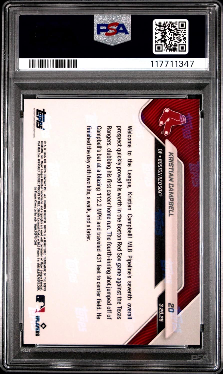 Graded 2025 Topps Now Kristian Campbell #20 Red Foil /5 Rookie RC Baseball Card PSA 10 Gem Mint