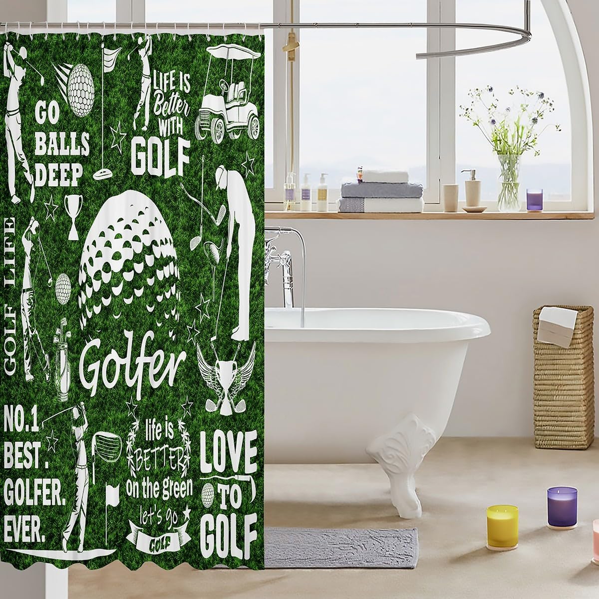 Homewish Golf Theme Shower Curtain Green Grass Bathroom Shower Curtain Set for Kids Adult Sports Gaming Bath Curtain Golf Lover Waterproof Curtains Room Decor 72 x 72 Inch image 3