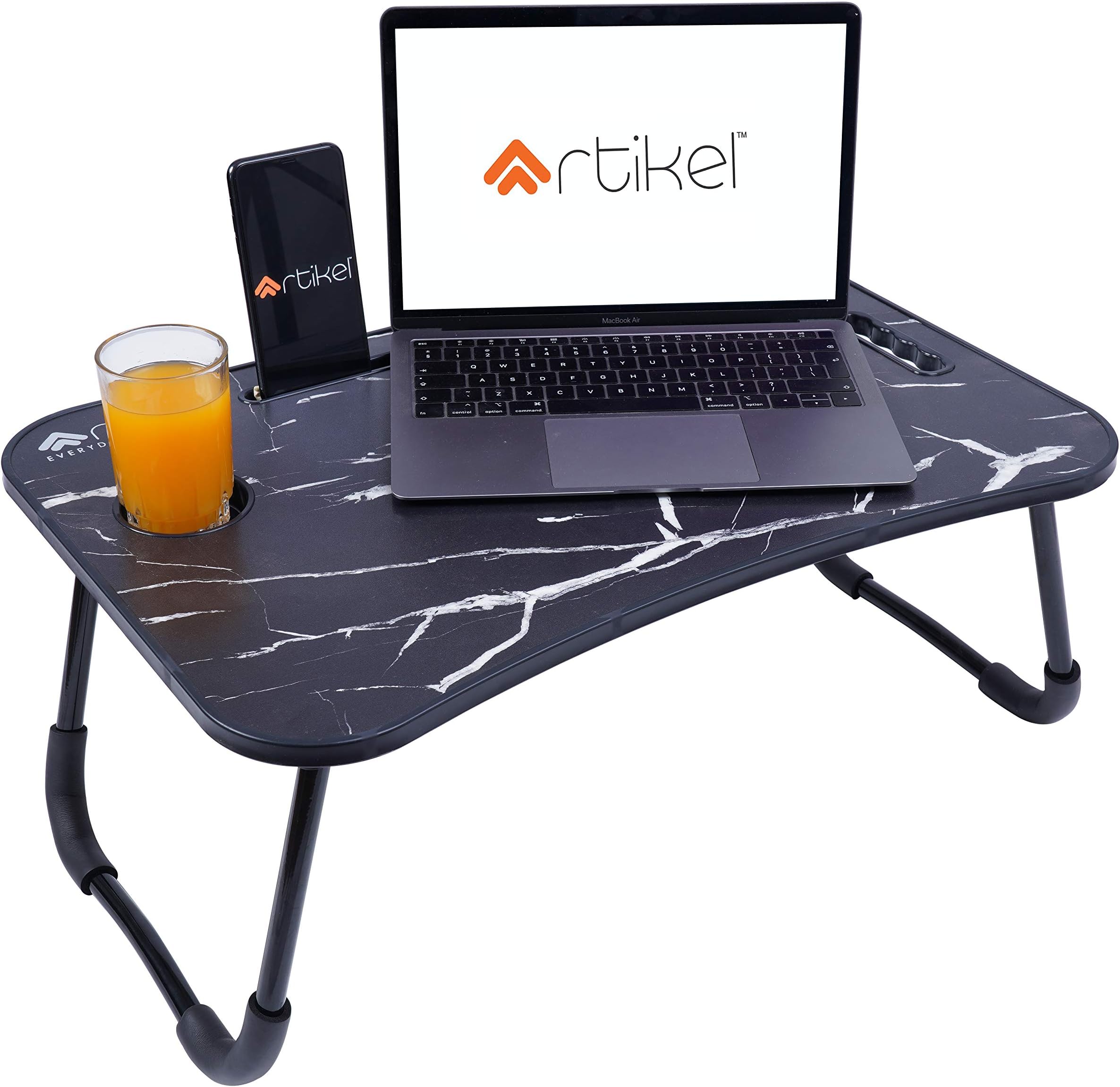 Artikel® Multi-Purpose Laptop Table with Dock Stand | Study Table | Bed Table | Foldable and Portable | Ergonomic & Rounded Edges | Non-Slip Legs | Engineered Wood | Ergo Series | Black Marble Wood